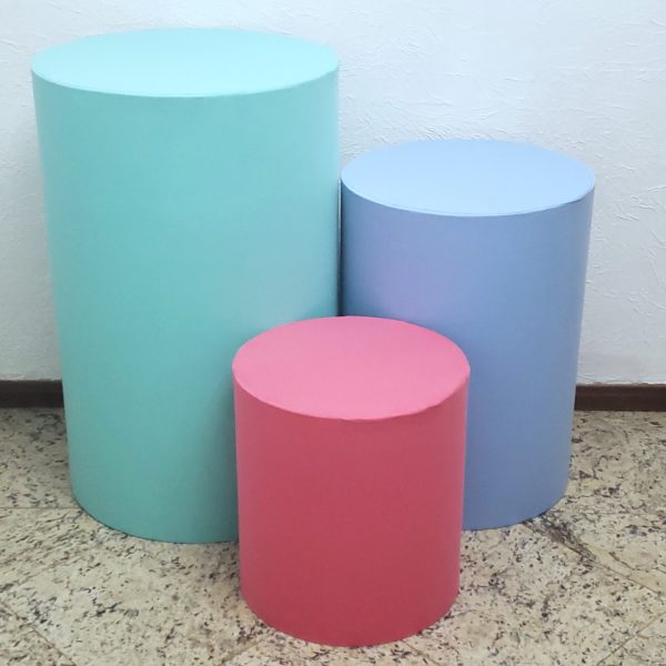 Trio mesas cilindro com capa cores Verde Tiffany/Azul/Pink Trio mesas cilindro com capa cores Verde Tiffany/Azul/Pink