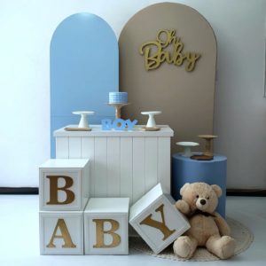 Festa Pocket Chá de Bebê Menino Bege e Azul (Locação)