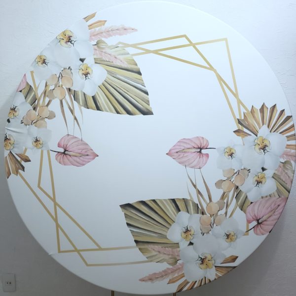 Suporte Redondo com Tecido Sublimado Geométrico Branco e Flores