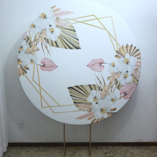 Tecido Redondo Sublimado Geométrico Branco e Flores