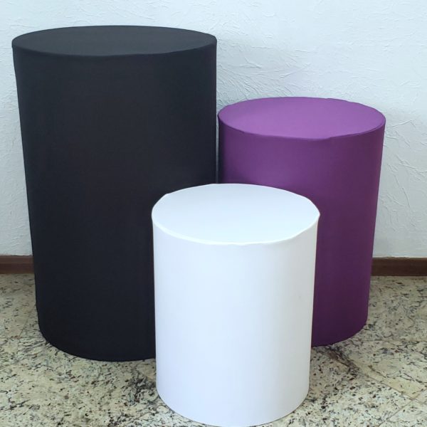 Trio mesas cilindro com capa cor Preto/Roxo/Branco Trio mesas cilindro com capa cor Preto/Roxo/Branco